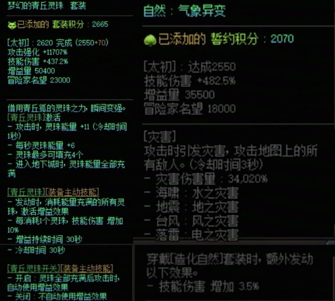 DNF青丘套加造化自然搭配属性一览