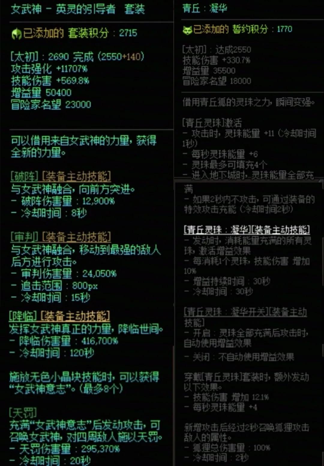 DNF女武神加青丘搭配属性一览